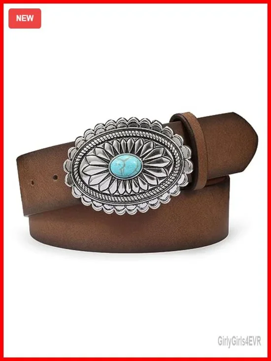 Vintage Western Faux Leather Belt with Turquoise Oval Buckle - Adjustable