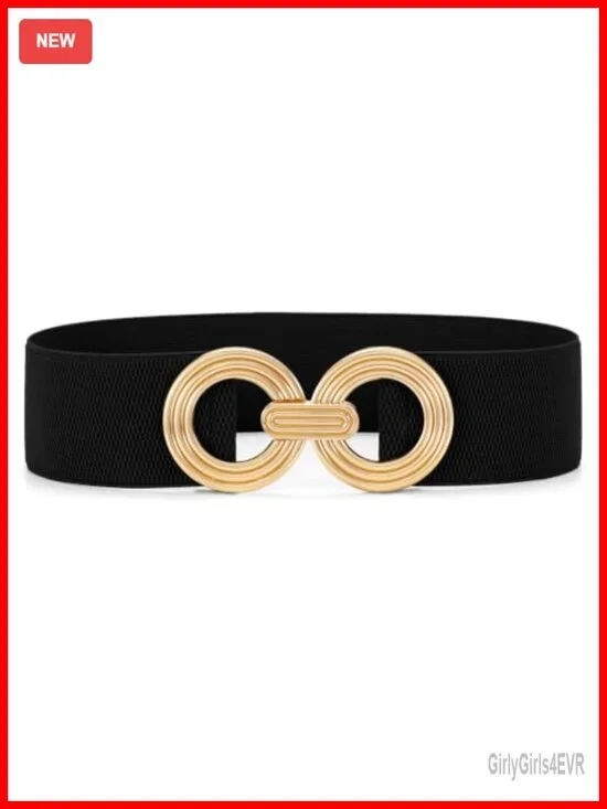Women Wide Stretchy Elastic Belt Hollow Gold Round Buckle Waistband Accessory