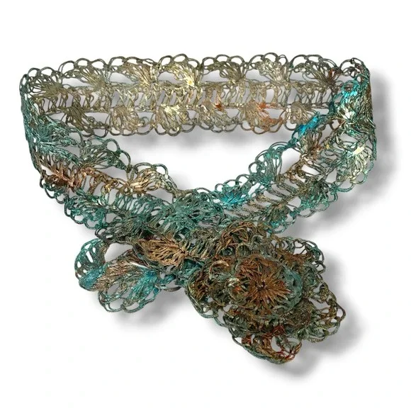 Vintage Handmade Metal Wire Lace Crochet Belt w/Large Flower Buckle Teal 38-39