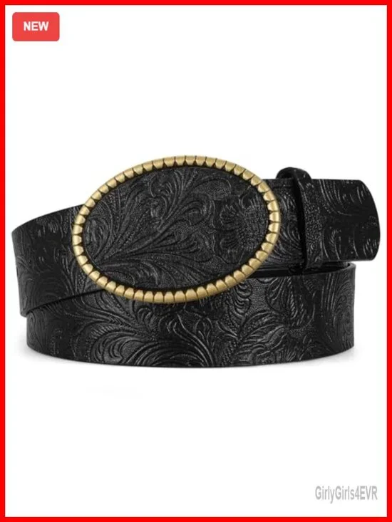 Western PU Leather Belt with Vintage Engraved Buckle for Women Men