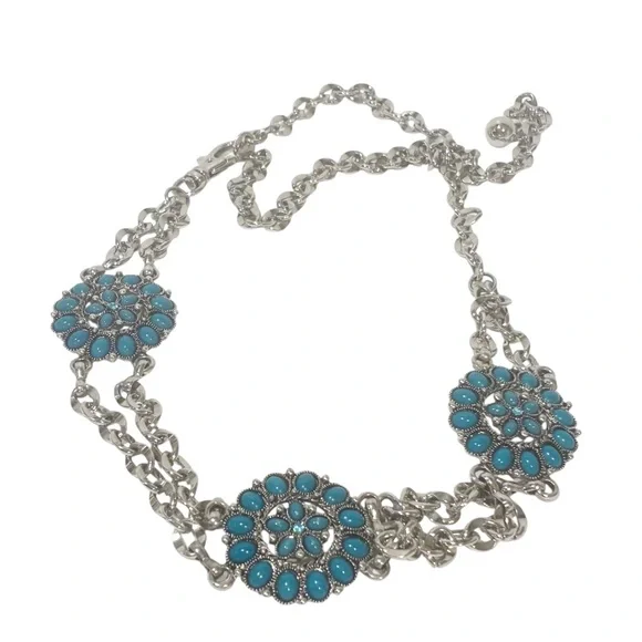 Women's Turquoise Blue‎ and Silver Belt Chain Link Adjustable