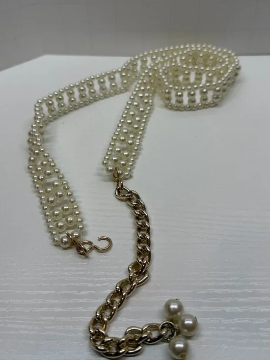 Vtg 60s Strand Faux Pearls Beaded Belt Adjustable gold tone Chain