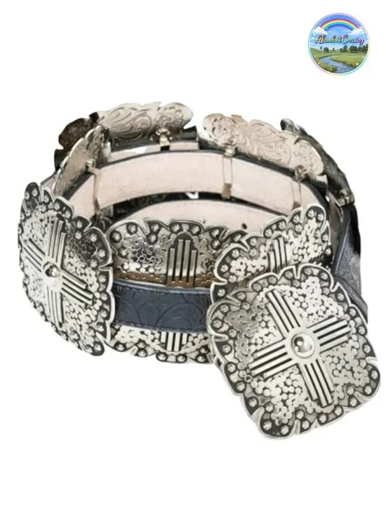 Floral Embossed Genuine Leather Western Belt with Square Conchos Removable