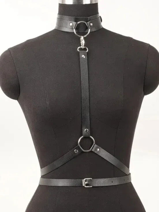 BDSM Bondage Body Harness Collar - Waist Black PU Leather W/Large Silver O-rings