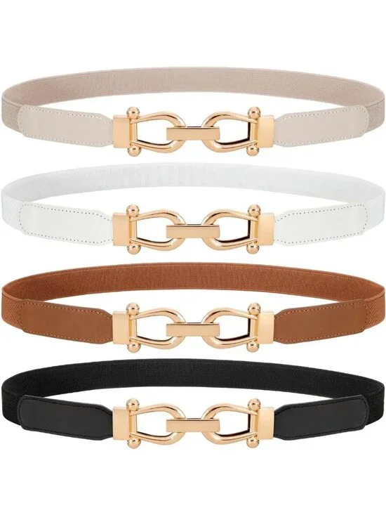 4 Pack Women's Skinny Elastic Waist Belts - Gold Buckle, Stretchy Thin Belts for