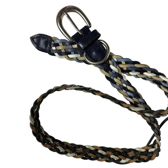Braided Genuine Leather Belt Womens M/L Blue White Beige Navy 36” Guatamala Made