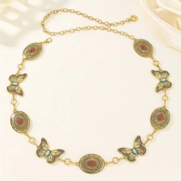 Free People Gold Butterfly & Medallion Chain Belt with Red and Turquoise Accents