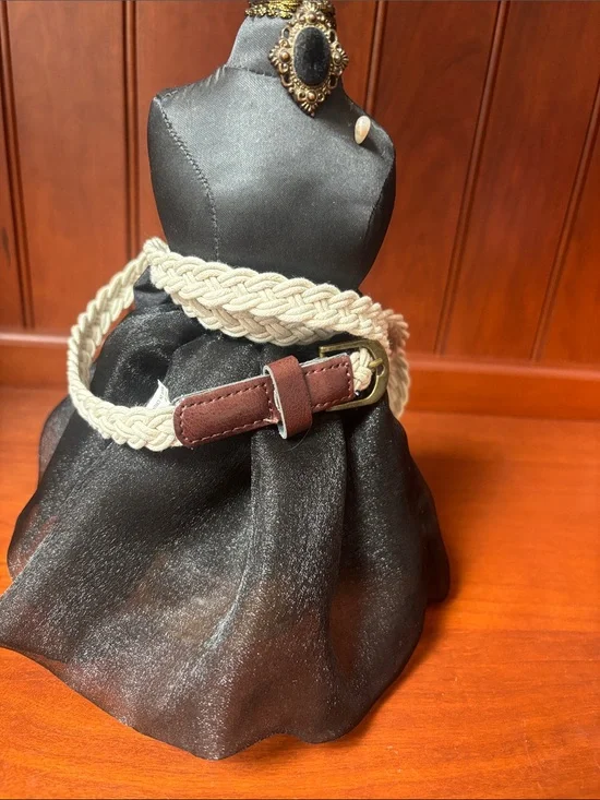 off-white braided skinny belt with a brown faux-leather buckle accent and a gold
