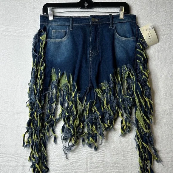 NWT Elocan Luxe Boutique Distressed Denim Fringe Shorts Blue Yellow Festival