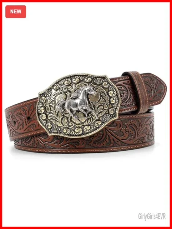 Embossed Leather Western Belt with Horse Buckle, Unisex Cowboy Belt, Removable