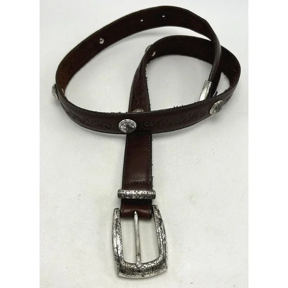 Brighton Belt Women Small 28 Concho Brown Leather Silver Made USA Tooled 1