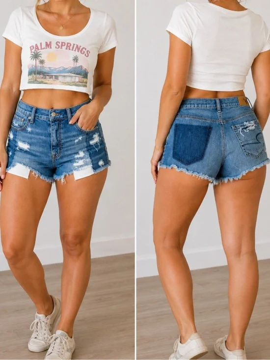 American Eagle Highrise Festival Patchwork‎ Distressed Frayed Denim Short Size 2