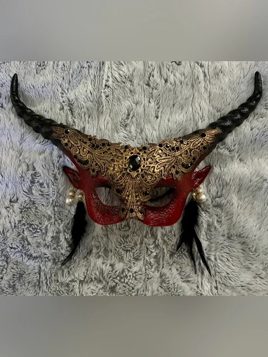 Jeweled Inferno Horned Masquerade Mask Red Black Gold Feather Cosplay Halloween