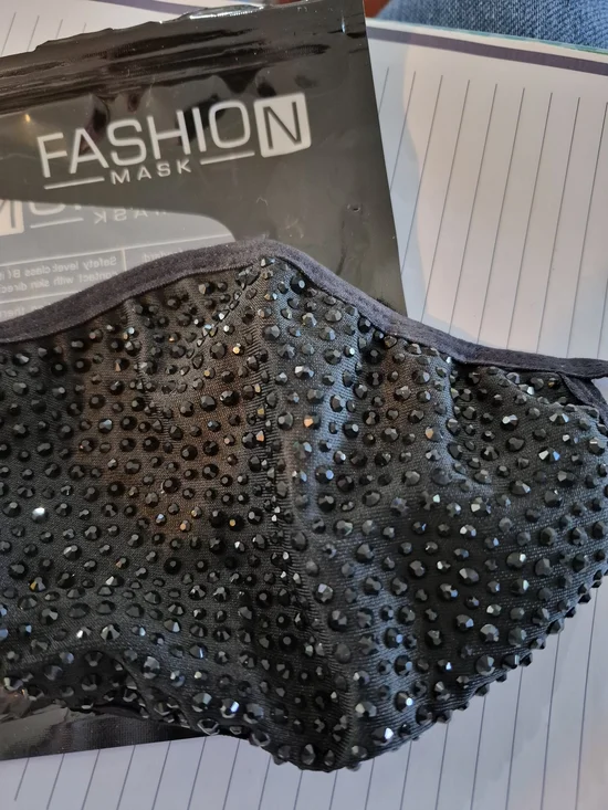 Women's Black Embellished Face Mask W/Rhinestones