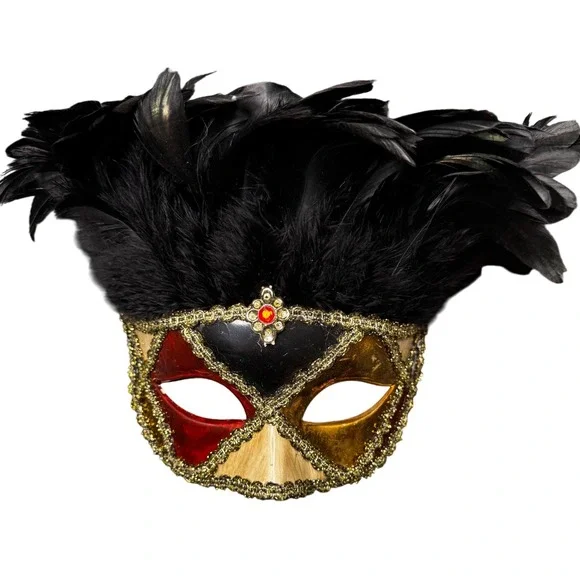 VTG Handcrafted Venetian Masquerade‎ Mask Black Red Gold Feather Costume