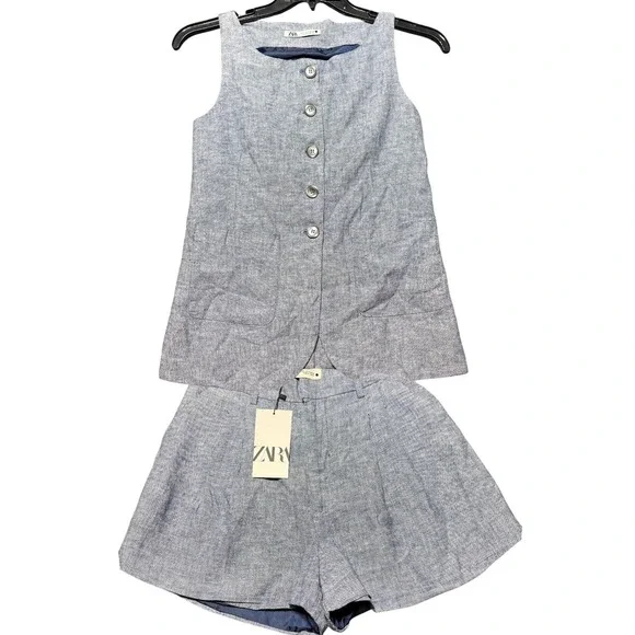 Zara Linen Blend Vest and Shorts Set Women Small Blue 8727/068/400