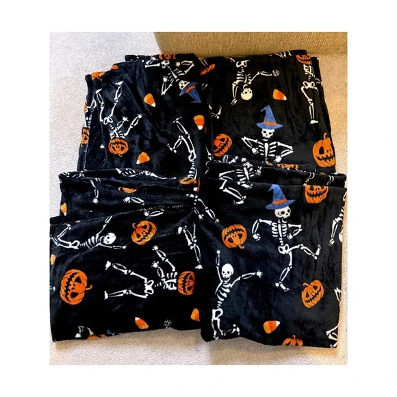 4 Halloween Skeleton Pumpkin Plush Throw Blanket Black Spooky Kids 50