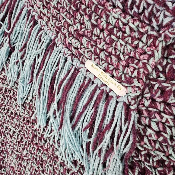 Handmade Crochet Blanket Throw Burgundy Teal Fringe Cozy Afghan‎ Home Decor Gift