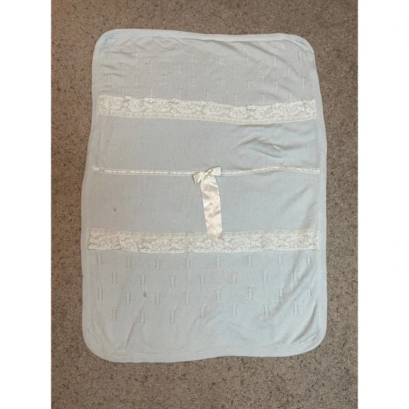 Bebe De France Couture‎ Baby Blanket 100% Virgin Wool Blue Lace Bow Made Italy