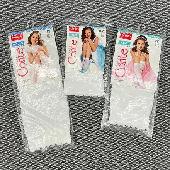 CONTE Fiori Kesi & Polly Solid White Fancy Dress Socks With Design 3 Pair 6-7Y/O