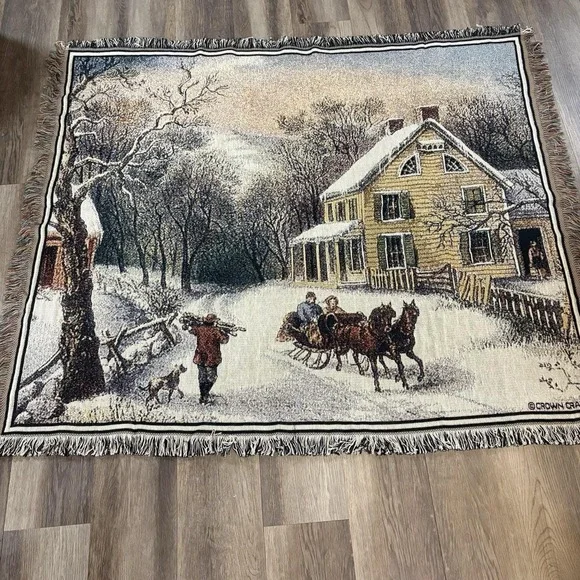 VTG Crown Crafts Horse Carriage Cottage Home Tapestry Woven Throw Blanket 46x54