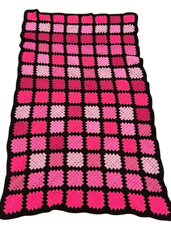Y2K Nursery Pink Brown Granny Square Crochet Afghan Blanket Handmade Retro