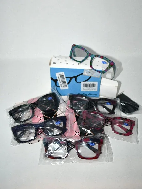 SIGVAN Reading Glasses, +4.00, Blue Light Blocking, Square Readers, 6 Pack, NWT