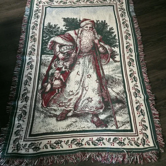Vintage Santa Claus Woven Tapestry Throw Blanket Christmas Fringe Old World