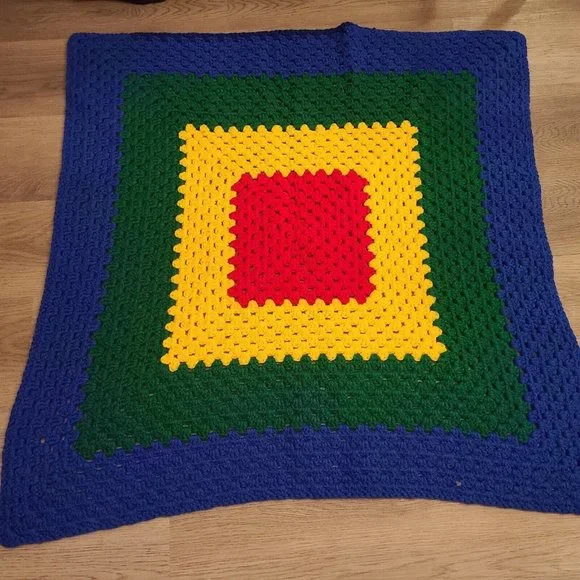 VTG Granny Square 35x35 Crochet Throw Blanket Afghan Colorful Blue Green‎ Red