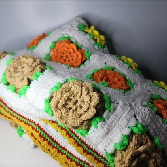 Vintage Crochet Knitted Afghan Throw Blanket Multi Color Granny 3D Flowers 90x60