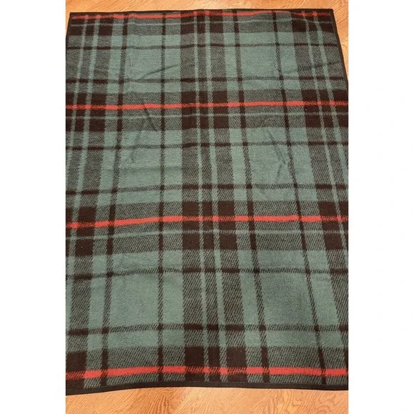 Vintage Acryl Velours Green Plaid Tartan Throw Blanket 72x58