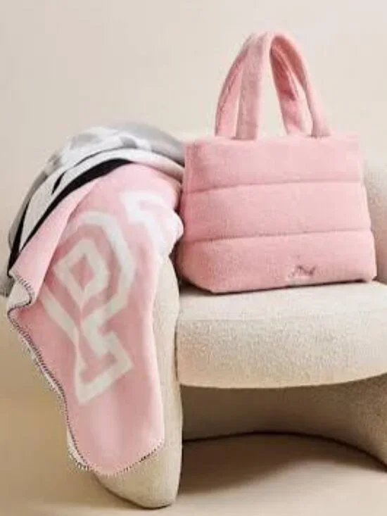 Victoria's Secret PINK Cozy Plush Pink Tote + Blanket Logo Color Block Set NWT