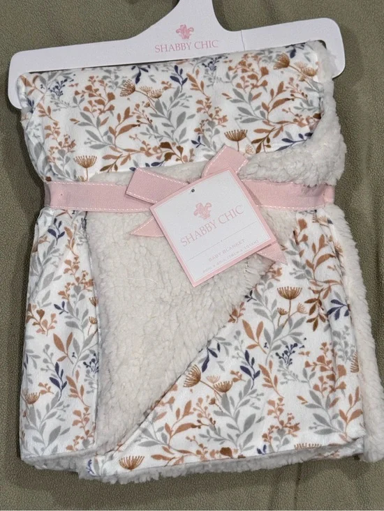 NWT Shabby Chic Floral Sherpa Baby Blanket 30x40 Earthy Botanical