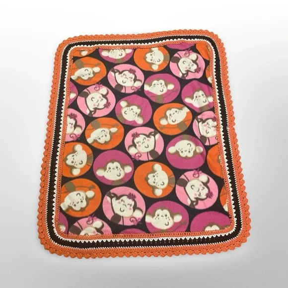 Baby Monkey Print‎ Crochet Trim Blanket Soft Cuddle Throw Orange Pink. Pregnancy