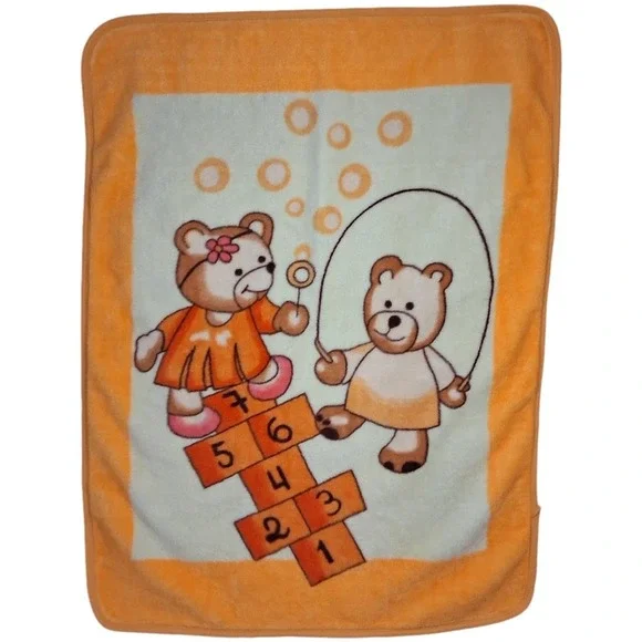Playing Bears Fleece Orange Yellow Throw Blanket Hopscotch Jump Rope Bubbles BIG