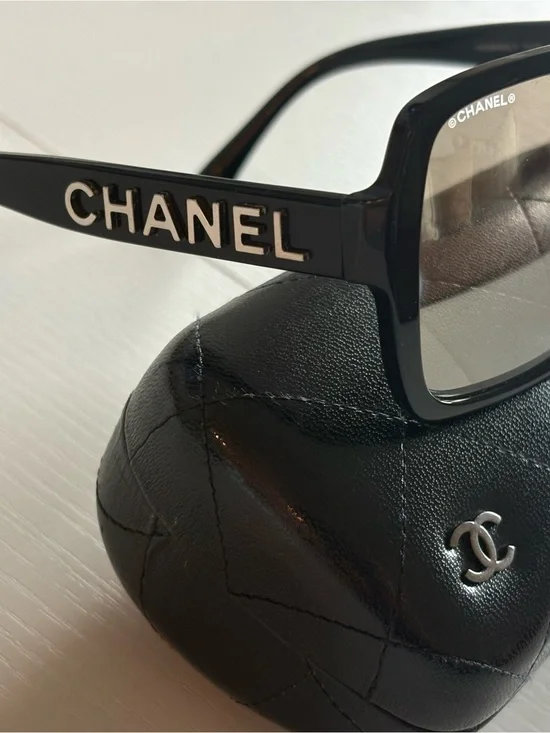 CHANEL Black Logo Acetate Sunglasses with Silver Accents
