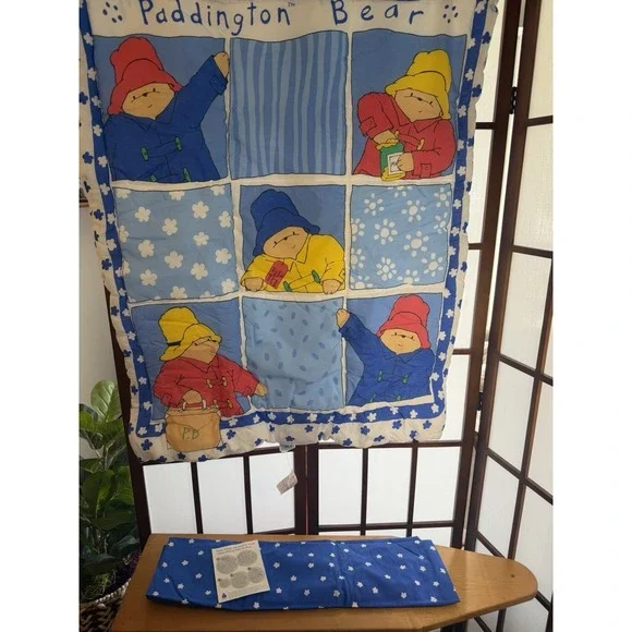 Vtg Paddington Bear Blue Patchwork Bear‎ Baby Blanket & Crib Sheet NEW!! 32x41
