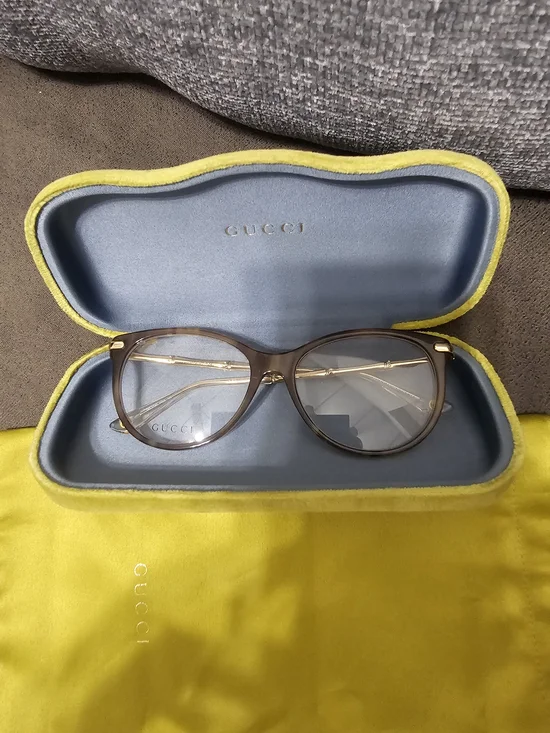 Gucci Women's Brown Frame Eyeglasses with Gold Temples