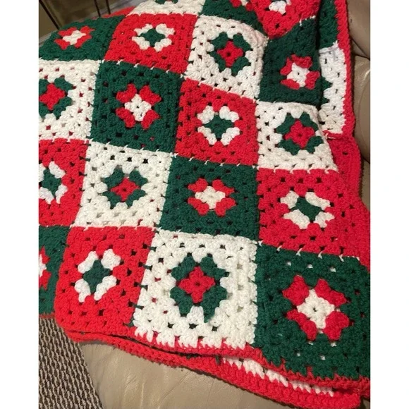 Handmade Crochet Christmas Afghan Throw Granny Square Blanket 35