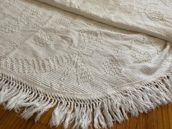 Vintage Crown Craft White Chenille Bedspread Coverlet Bohemian Queen Fringe