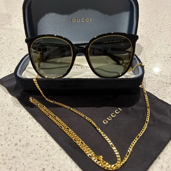 Gucci Black & Gold Round Sunglasses with Gold Chain