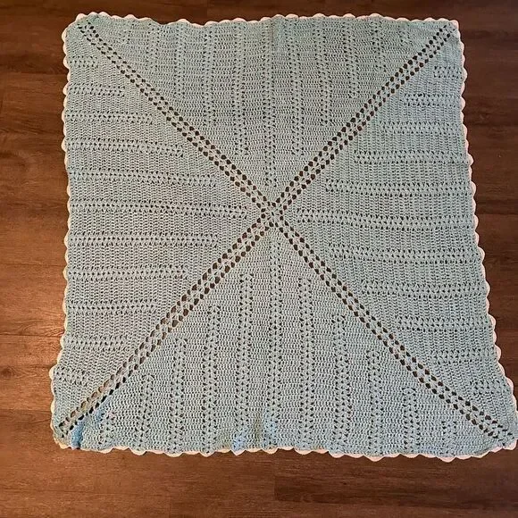 Vintage Hand Crochet Baby Blue Square blanket afghan throw white trim 46”