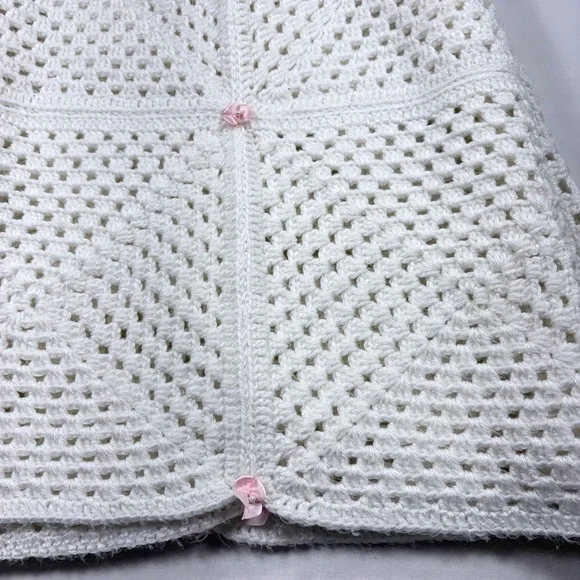 Handmade Crochet White Baby Girl Blanket Pink Ribbon Roses Granny Square Vintage