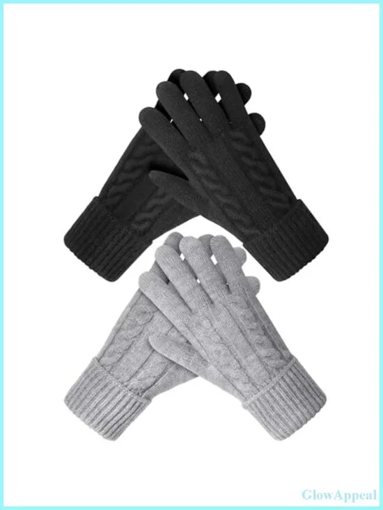 Women's Knit Winter Gloves 2 Pairs Touchscreen Fleece Lined Elastic Cuff