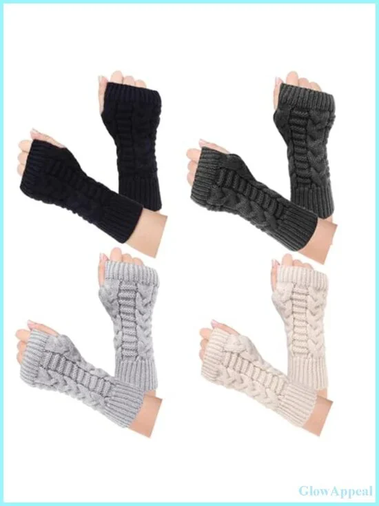Fingerless Gloves Knit Arm Warmers Women Winter Cable Crochet Thumb Hole One