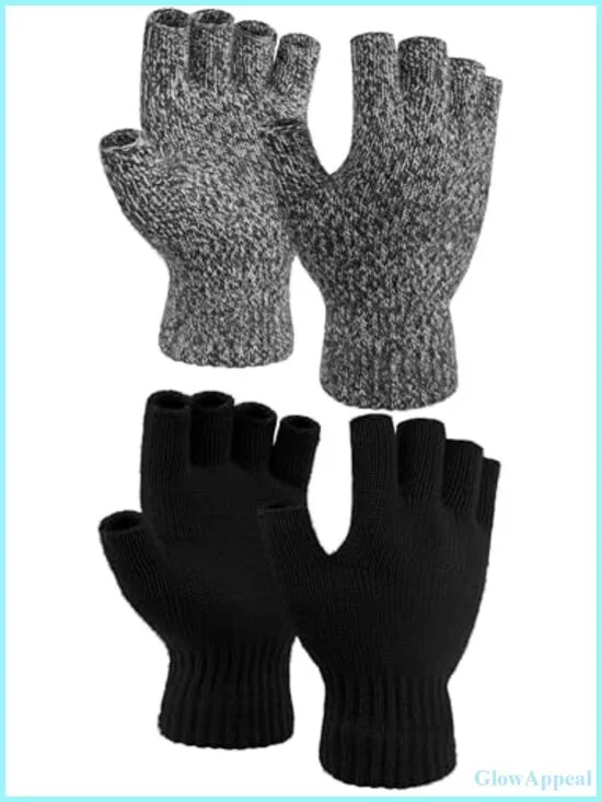 2 Pairs Thick Fingerless Gloves Warm Knit Half Finger Gloves for Working Typing