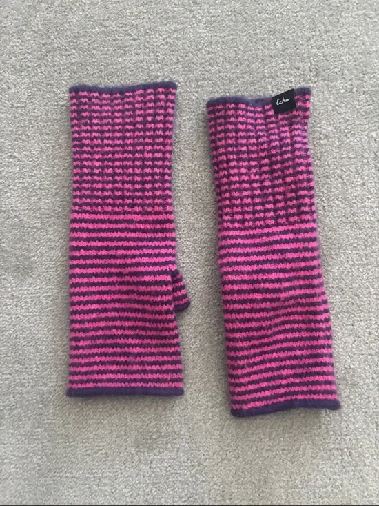 Echo Knit Pink and Purple Striped Fingerless Mittens