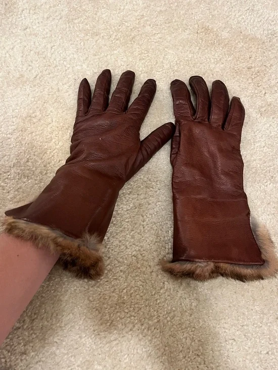Vintage Brown Leather Gloves with Fur Trim - Women