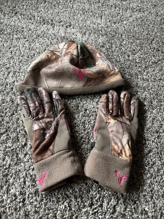 Camo Hat and Gloves Set with Pink Logo Accents