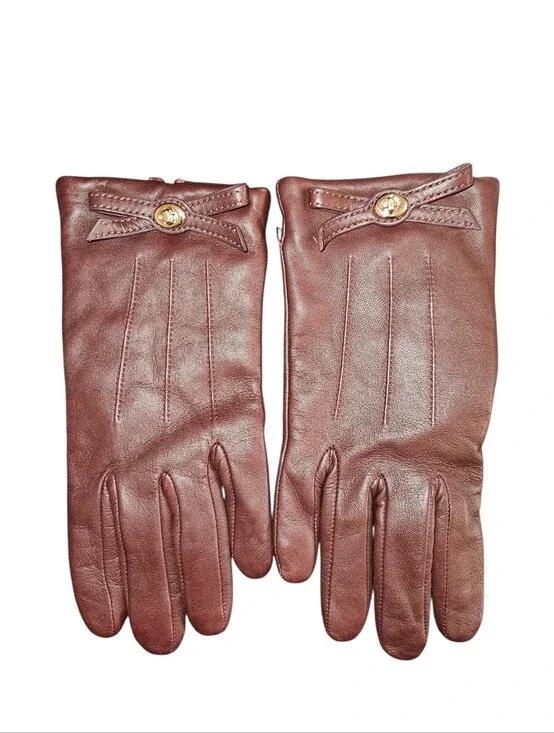 Coach Maroon Sheep Leather Gloves w/ Turnlock & Bow Detail Size 7 NEW
